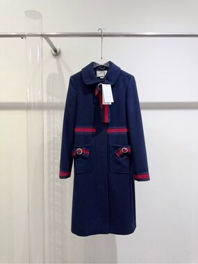 🚩steal Gucci Navy Wool-Blend Pea Coat with Red Trim
